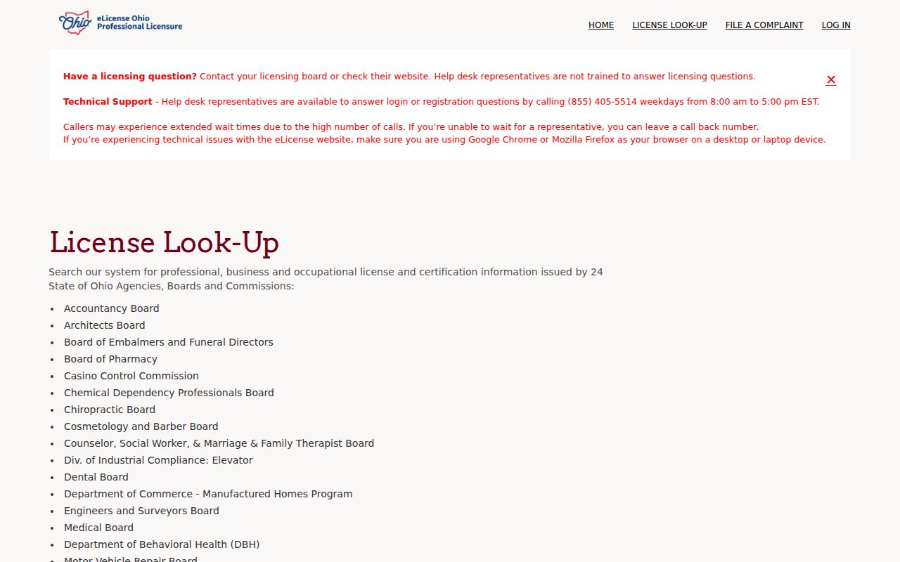 Cuyahoga Falls resident lookup using Ohio eLicense credential verification