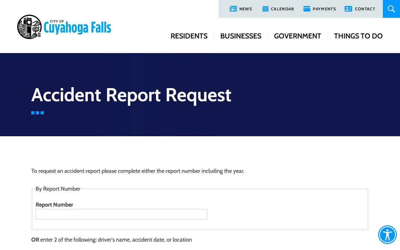 Cuyahoga Falls ZIP code directory and accident report request fields